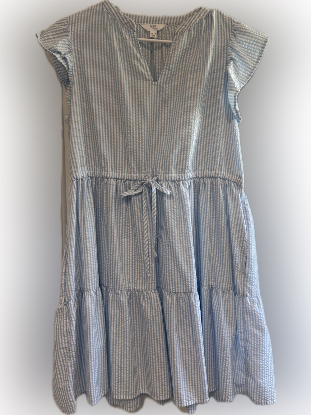 Seersucker Ruffle Sleeveless Blue/White Dress Size Large